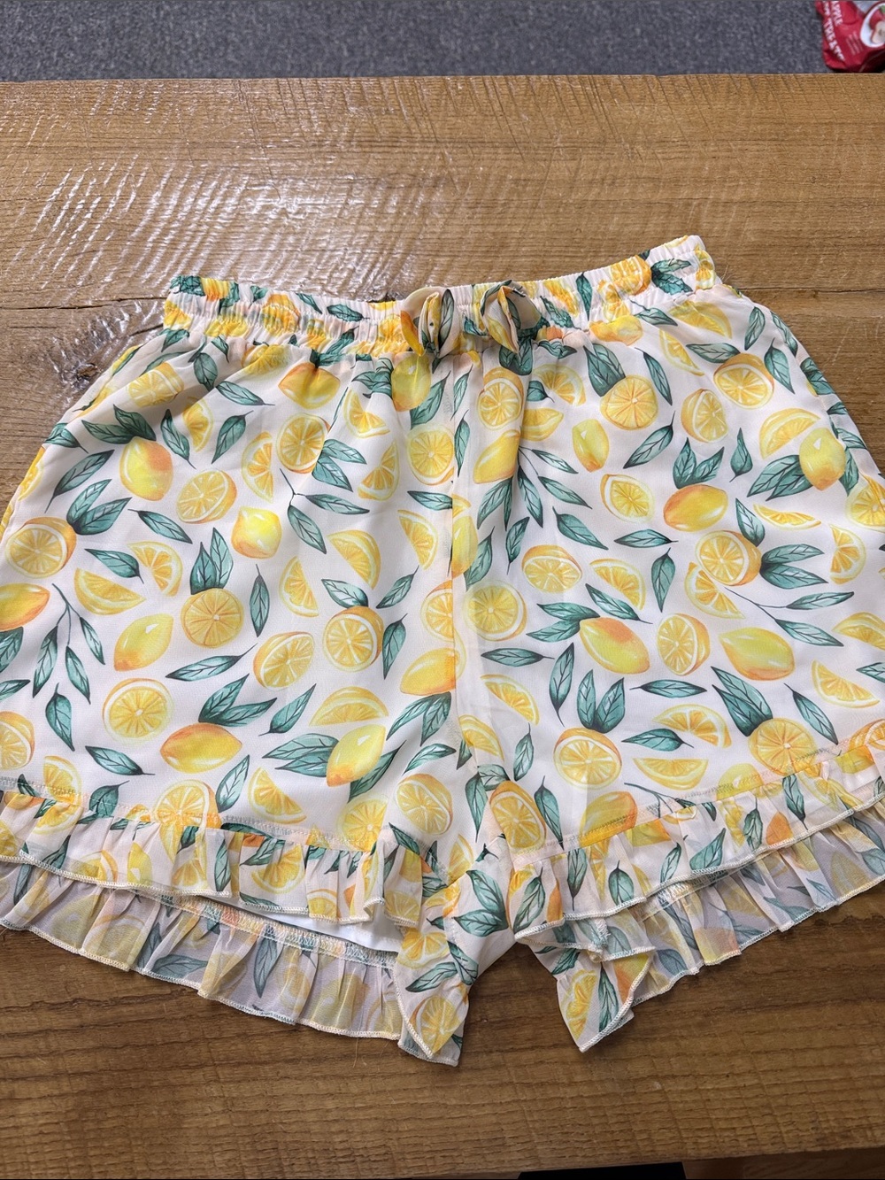 Pink Lily White Lemon-Print High Waist Ruffle Shorts
